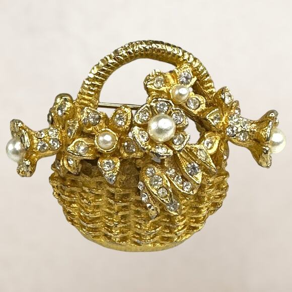 Vintage Signed Hobe Flower Basket Rhinestone & Faux Pearl Floral Basket Brooch - Picture 2 of 3